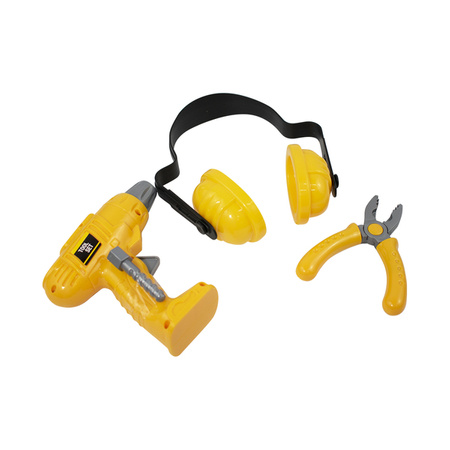 Zestaw narzędzi wkrętarka, słuchawki, szczypce żółty